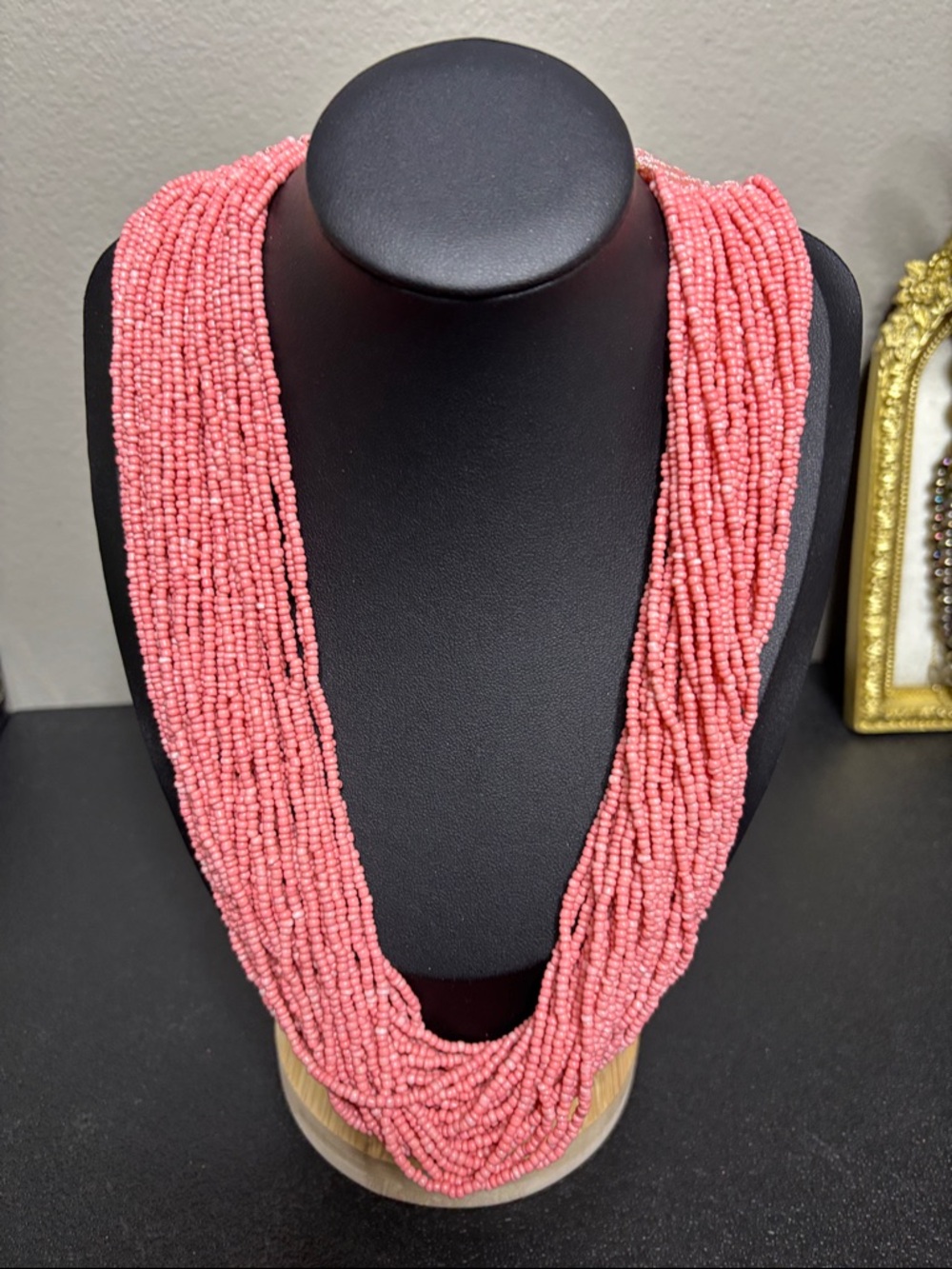 Exotic Necklace Multi Strand Small Beaded India Native Pink Salmon Crochet